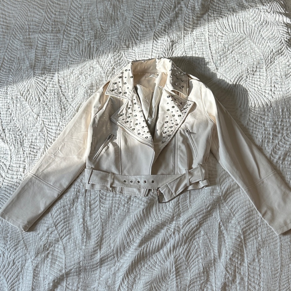 Studded Cream “Crazy in Love” Leather Jacket